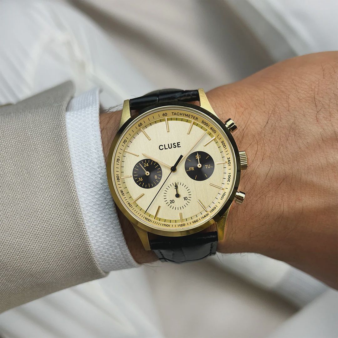 Anthéor Multifunction Watch Leather, Black, Gold Colour