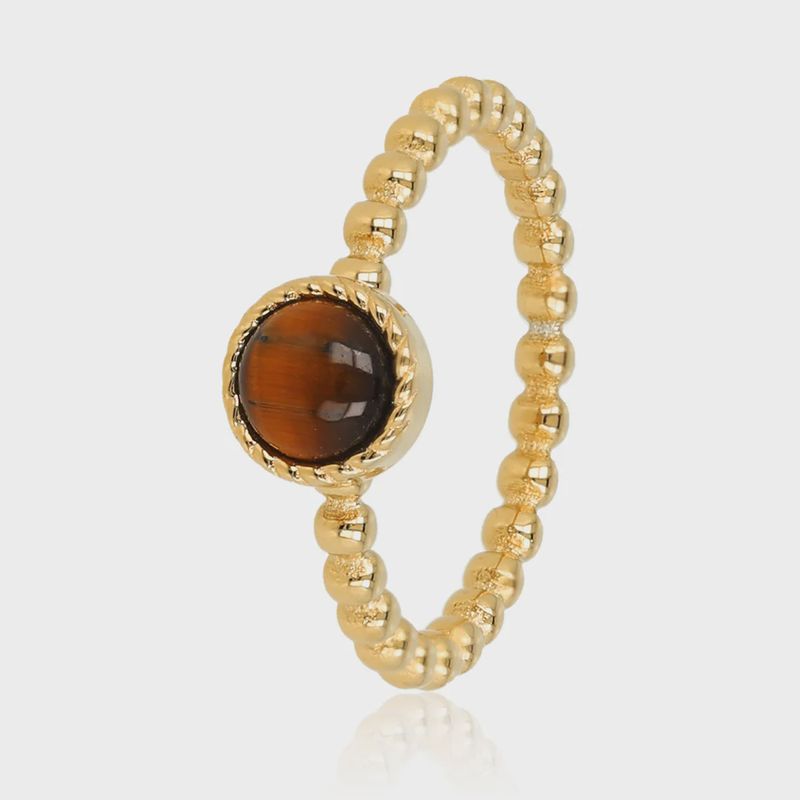 Tiger Eye Ring met Bolletjes - Goudkleurig &amp; Bruin