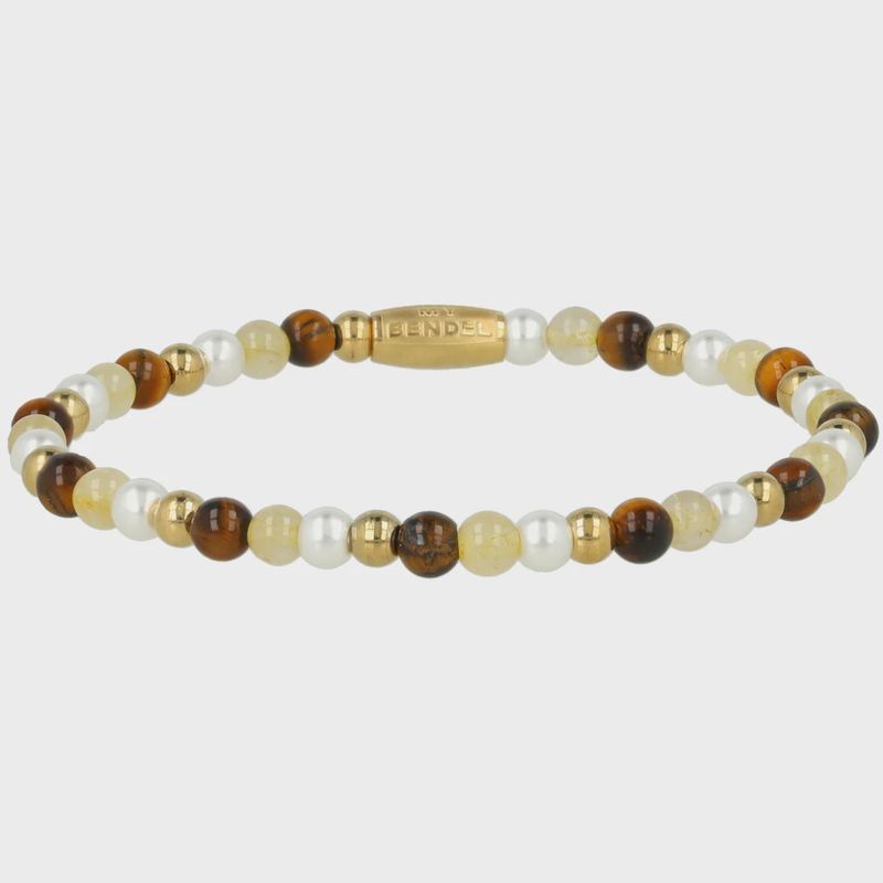 Elastische Kralenarmband met Verschillende Edelstenen - Tiger Eye, Citrine &amp; Parels
