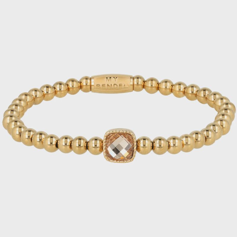 Elastische Kralenarmband met Vierkante Kristalglas - Amber &amp; Goudkleurig