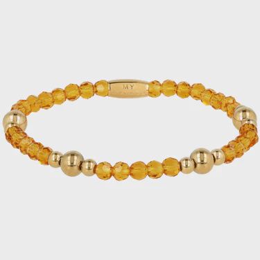 Elastische Kralenarmband met Amber en Gouden Kralen - Goudkleurig &amp; Oranje