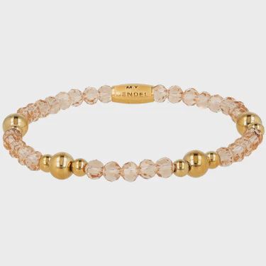 Elastische Kralenarmband met Smokey Topaz en Gouden Kralen - Goudkleurig &amp; Beige