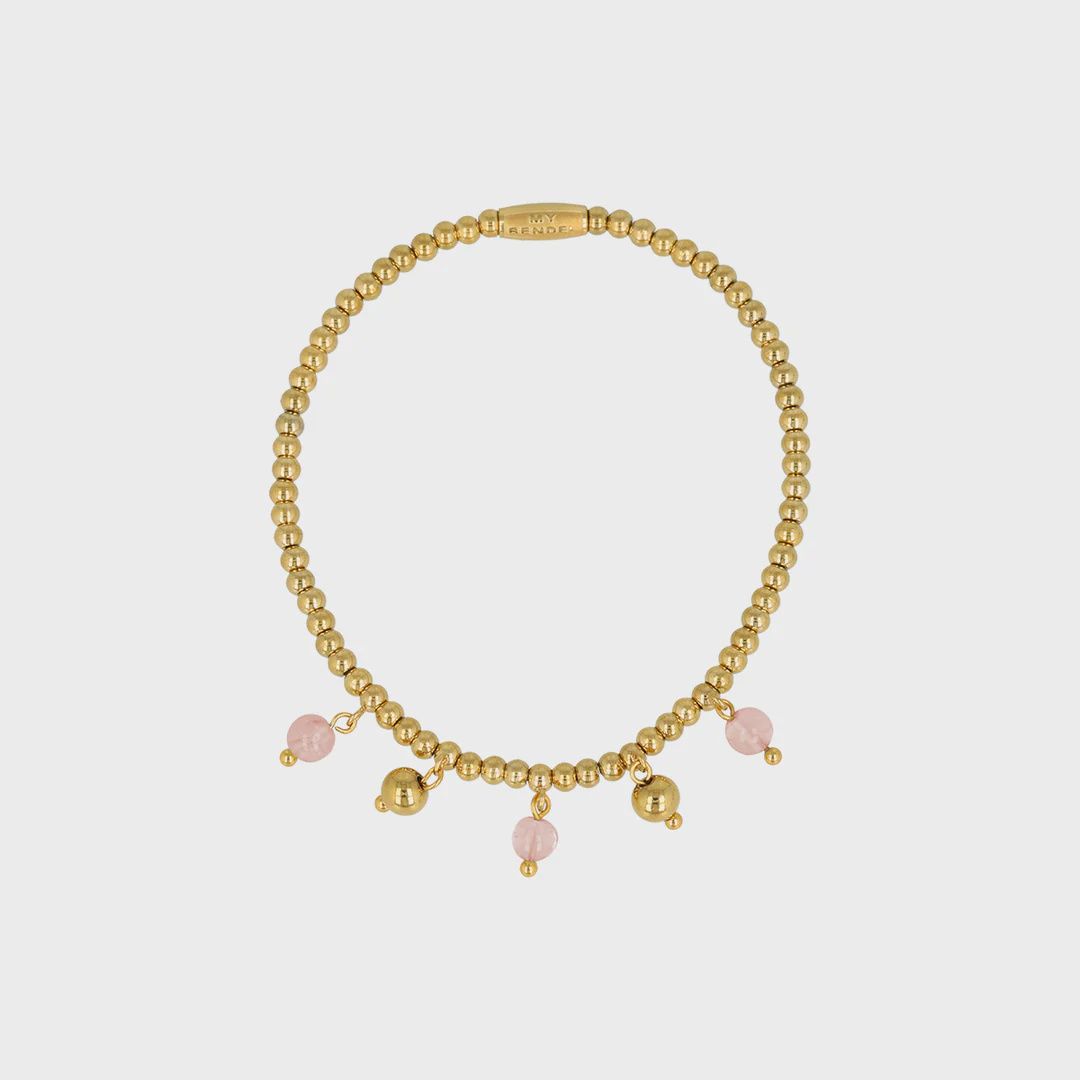 Elastische Kralenarmband met Ronde Bedels - Goudkleurig &amp; Rose Quartz