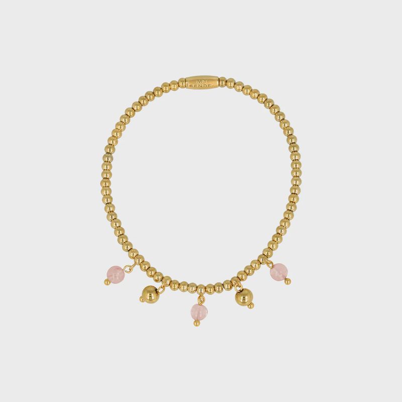 Elastische Kralenarmband met Ronde Bedels - Goudkleurig &amp; Rose Quartz