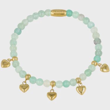 Green Fluorite Kralenarmband met Gouden Harten Bedels - Elastisch
