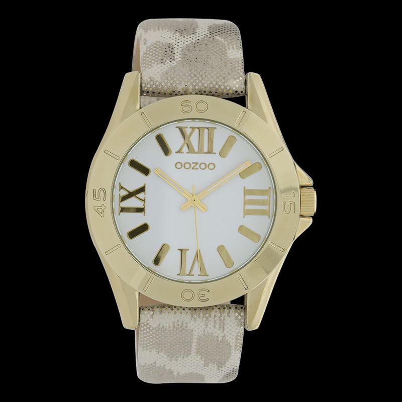 Goudkleurig horloge met zilverkleurige/witte leren riem