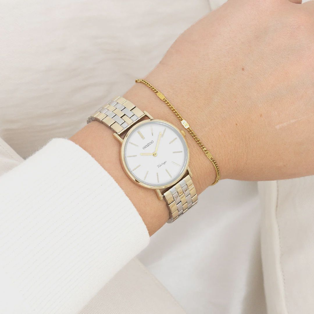 Goudkleurig horloge met zilverkleurige/gouden roestvrijstalen armband