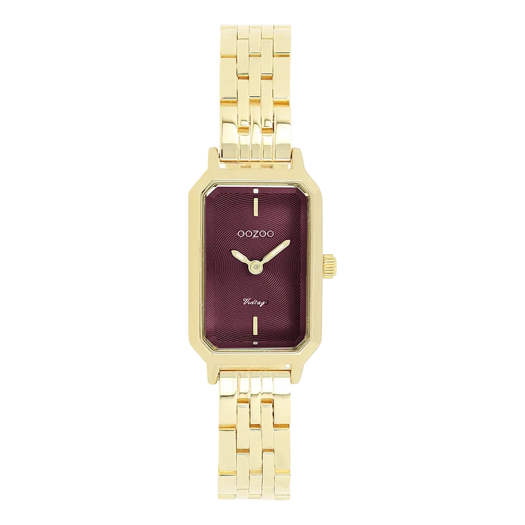 Goudkleurig horloge met roestvrijstalen armband en Bordeaux kas