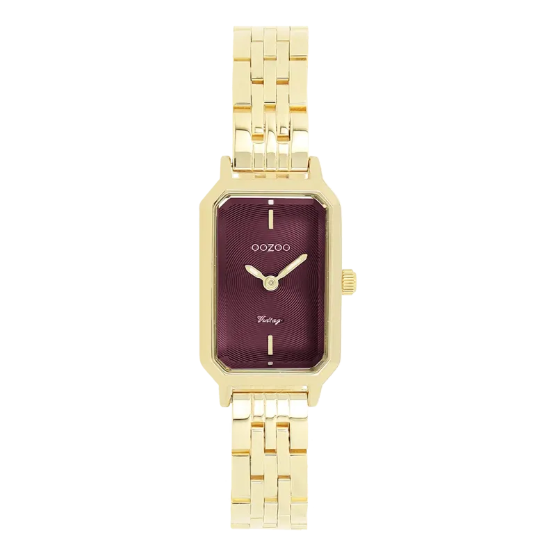 Goudkleurig horloge met roestvrijstalen armband en Bordeaux kas