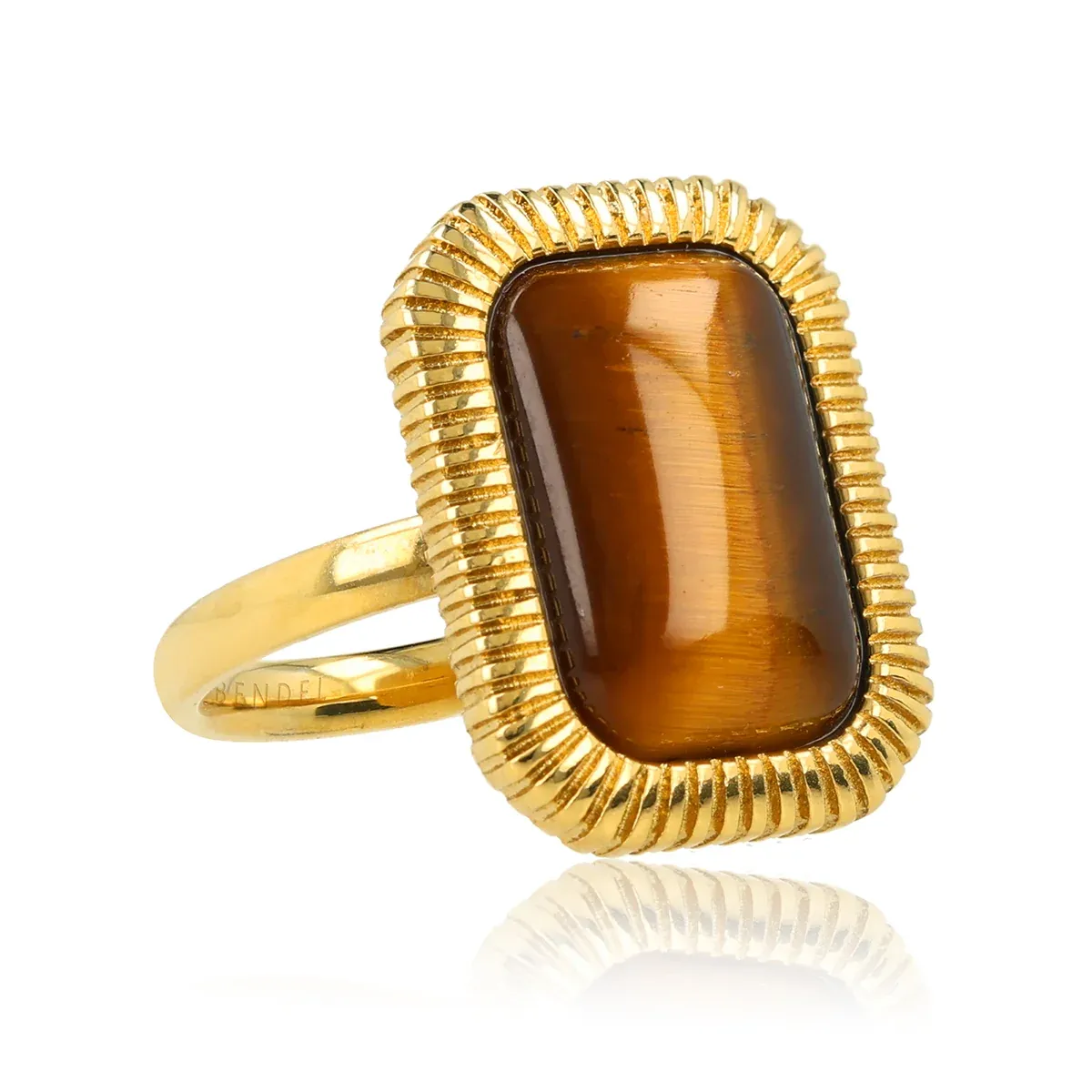 Statement Ring met Rechthoekige Edelsteen en Ribbelrand • Tiger Eye