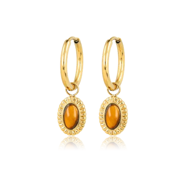 Oorbellen met Ovale Edelsteen en Ribbelrand • Tiger Eye