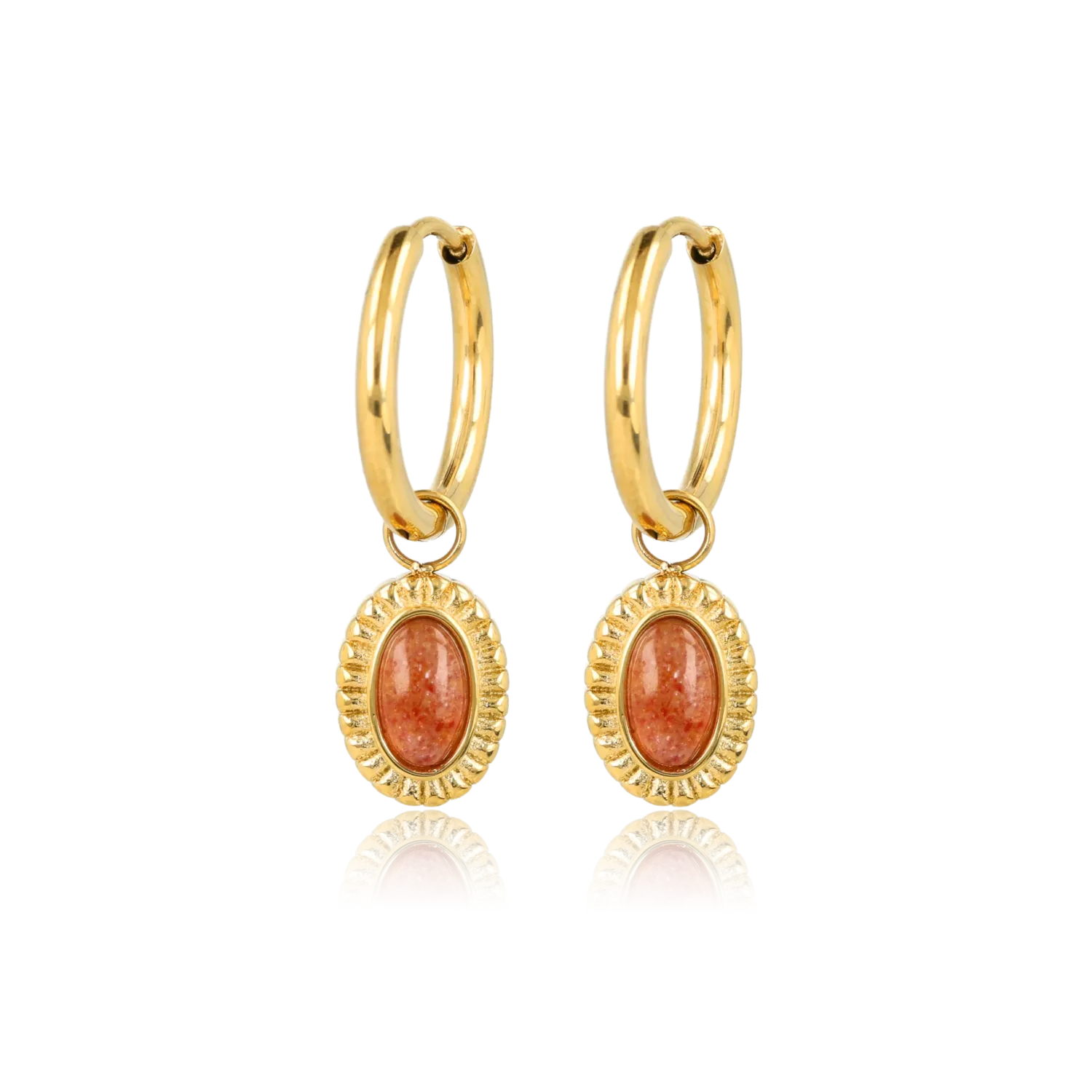 Oorbellen met Ovale Edelsteen en Ribbelrand • Berry Quartz