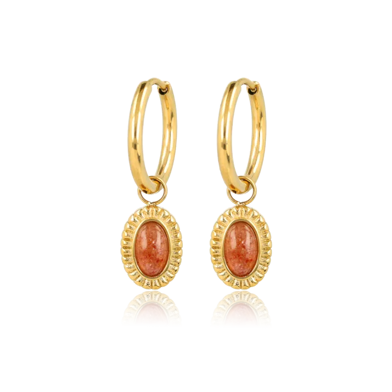 Oorbellen met Ovale Edelsteen en Ribbelrand • Berry Quartz