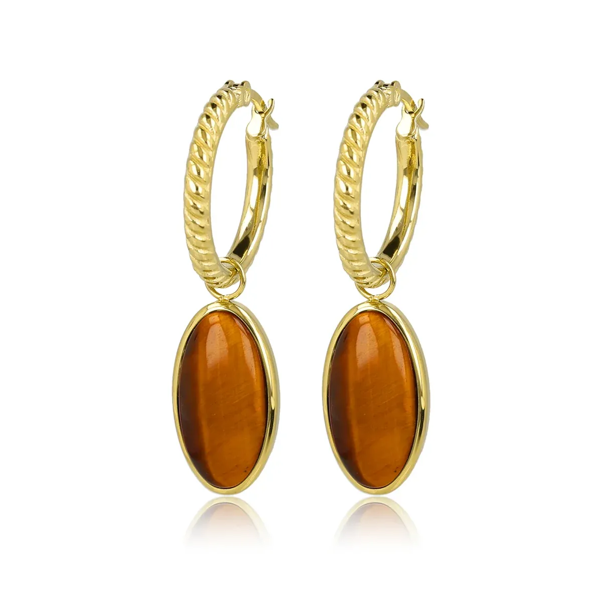 Geribbelde Oorringen met Ovale Edelsteen • Tiger Eye