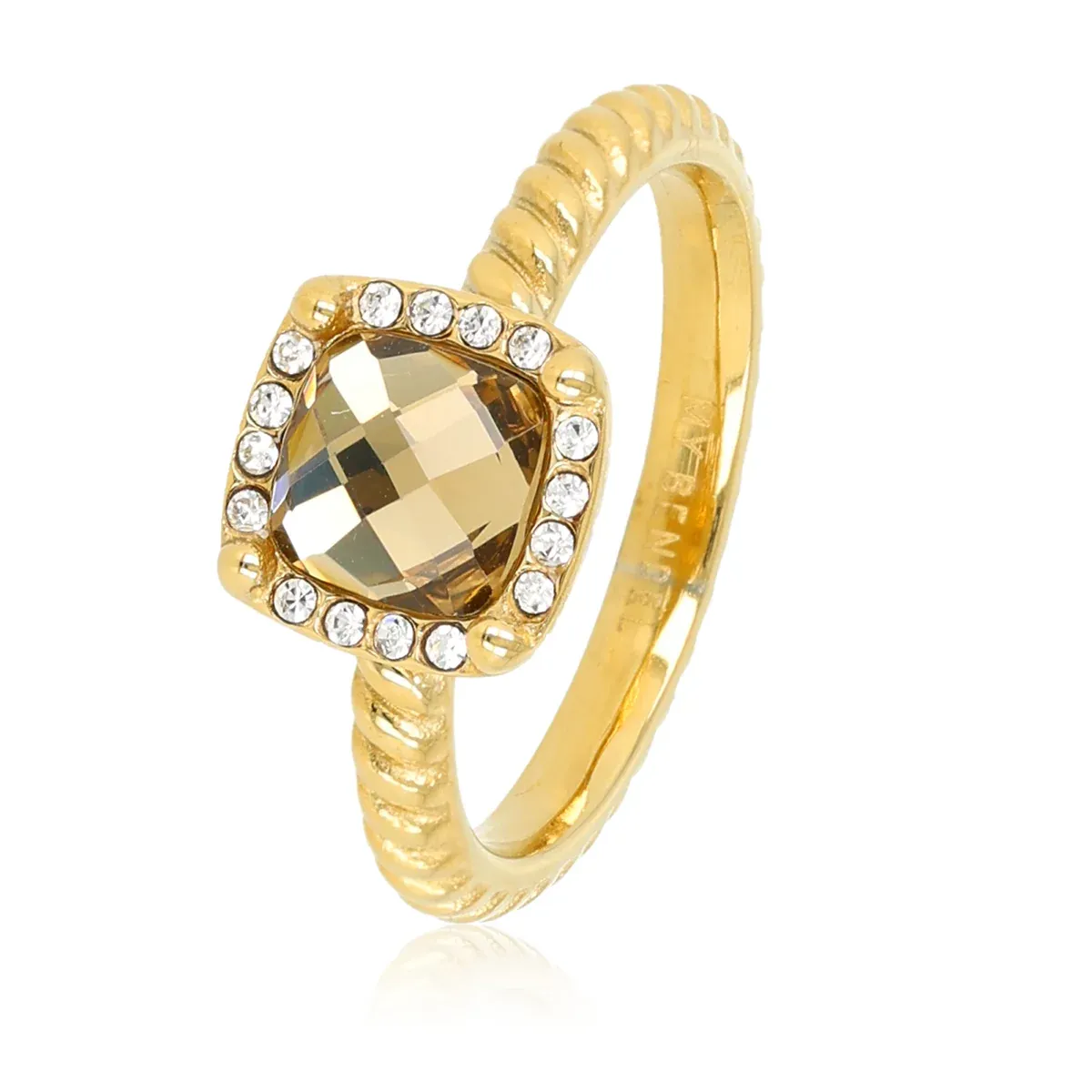Geribbelde Ring met Vierkante Glassteen &amp; Zirkonia • Smoky Topaz