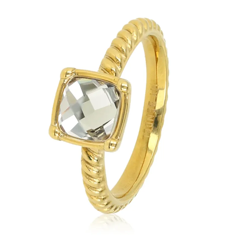 Geribbelde Ring met Vierkante Glassteen • Crystal