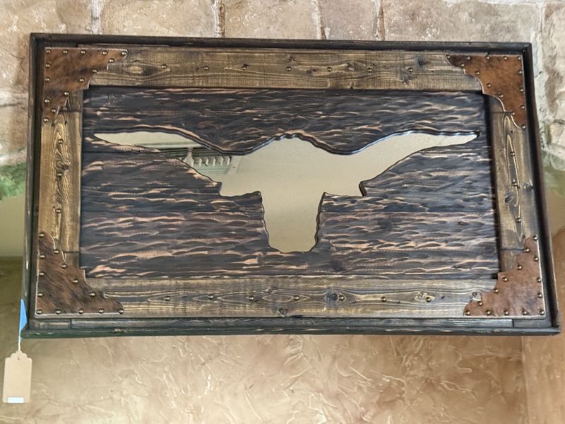 LONGHORN MIRROR W/ COWHIDE