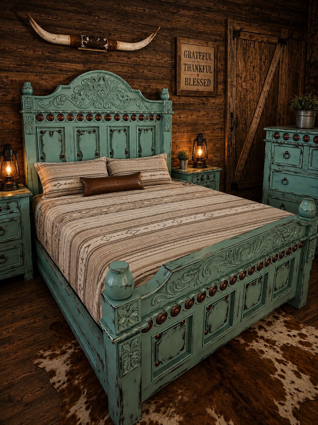 Elena King 5 pc Set TURQ BED DRESSER CHEST MIRROR NS
