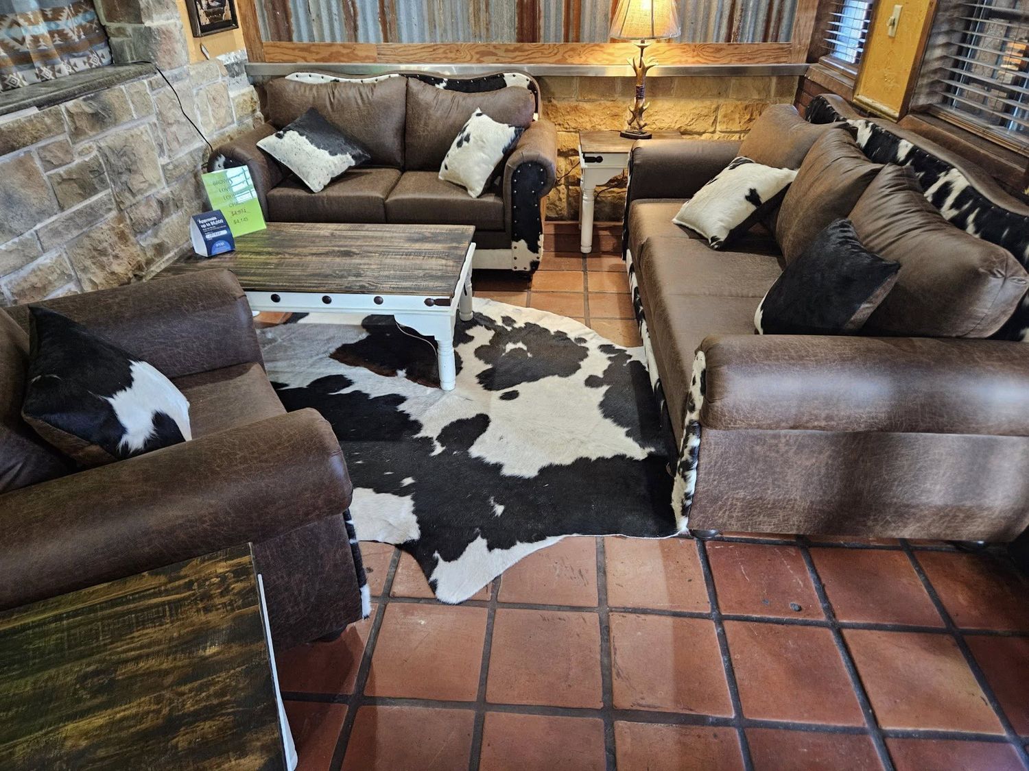 LUXURIOUS BROWN SOFA &amp; LOVE SEAT W/ COWHIDE &amp; LOUNGE CHAIR