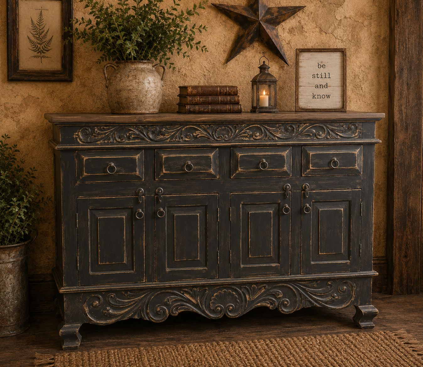 Carved Buffet 4 Doors, 4 Drawers