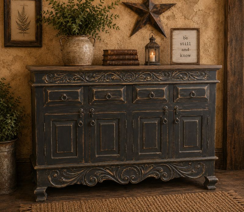 Carved Buffet 4 Doors, 4 Drawers
