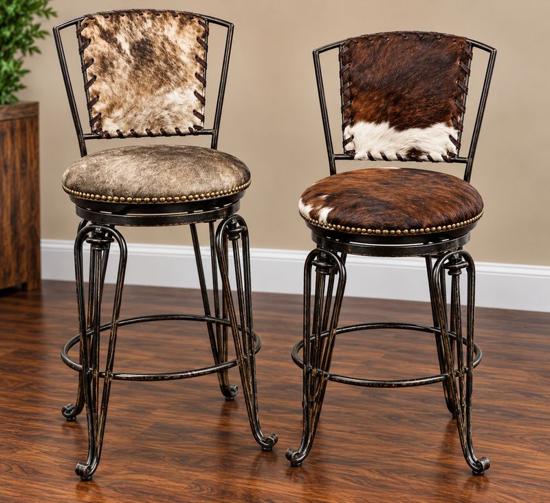 Iron Swivel Barstool w/Cowhide
