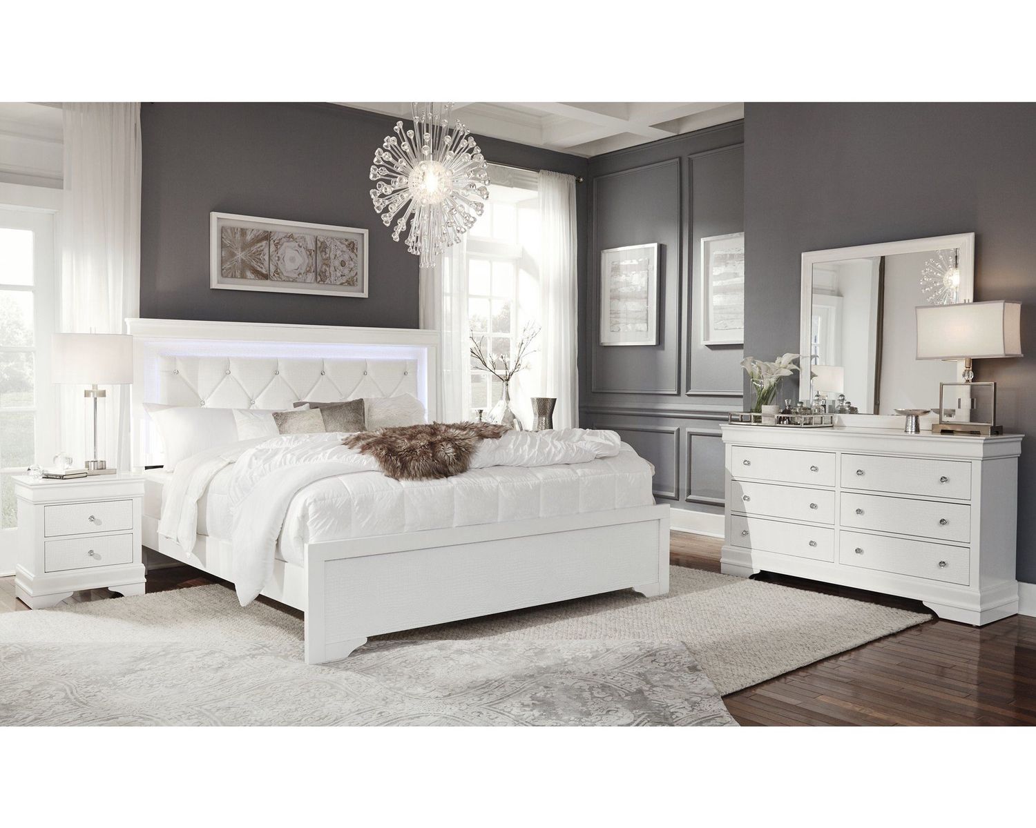 Pompei Metallic, COLOR: Pompei Metallic White, TYPE: QUEEN 5 PC BEDROOM SUITE