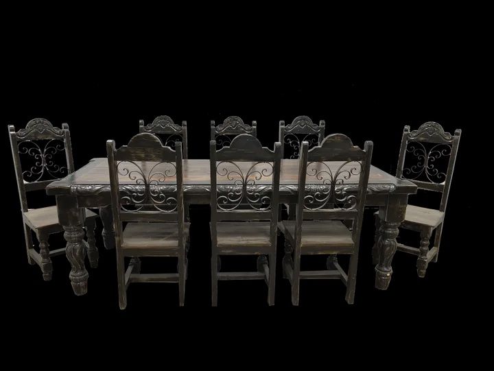 Turned Leg Table With Carved Edges Chair w/Carved Wood and Metal Scroll Back