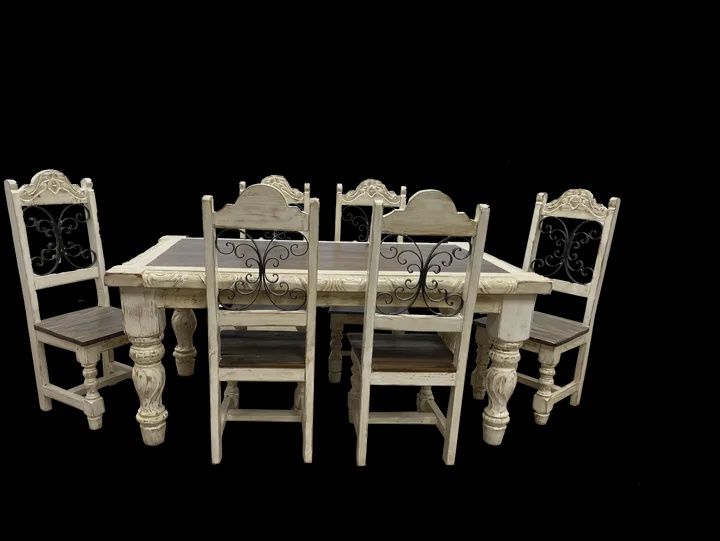 Turned Leg Table With Carved Edges Chair w/Carved Wood and Metal Scroll Back, COLOR: CREAM, Size: 6FT W/ 6 CHAIRS