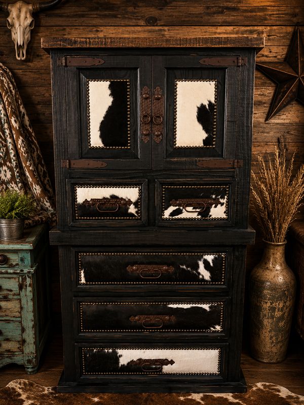 BLK MANSION 2 DOOR/5 DRW CHEST W/ BLK &amp; WHITE COWHIDE