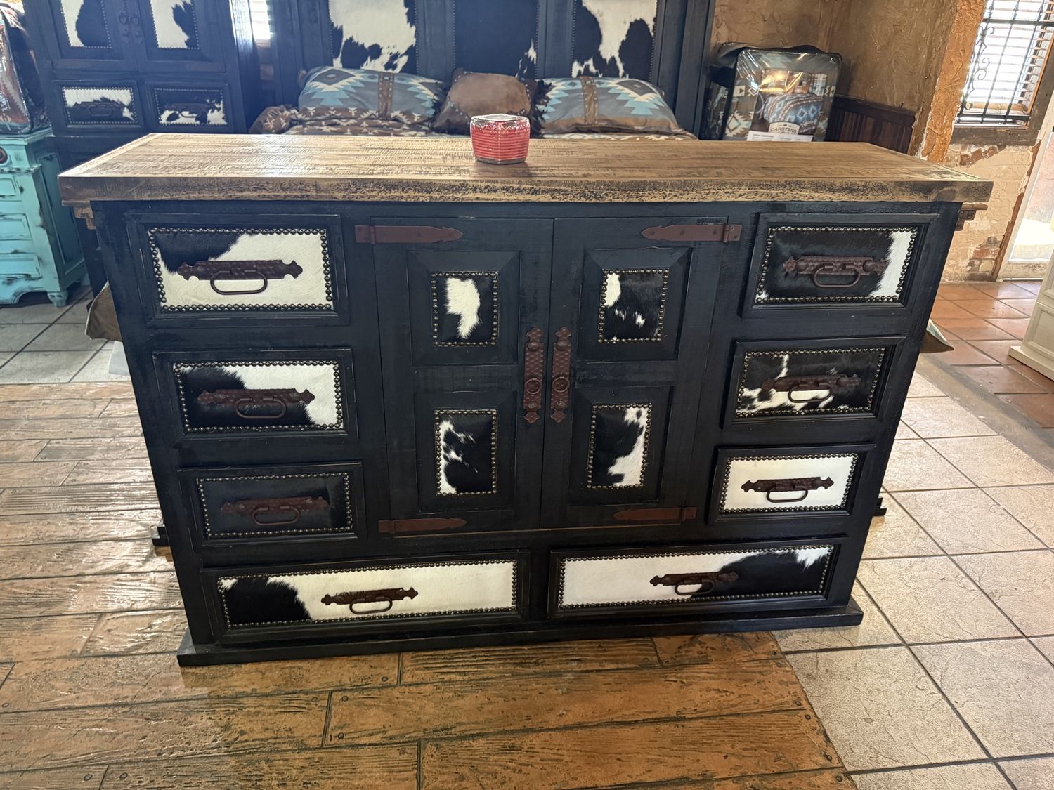 BLK MANSION 8 DRW/2 DOOR DRESSER W/ BLK &amp; WHITE COWHIDE