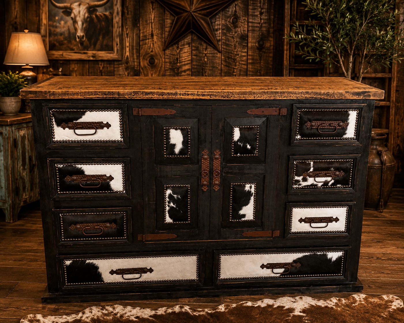 BLK MANSION 8 DRW/2 DOOR DRESSER W/ BLK &amp; WHITE COWHIDE