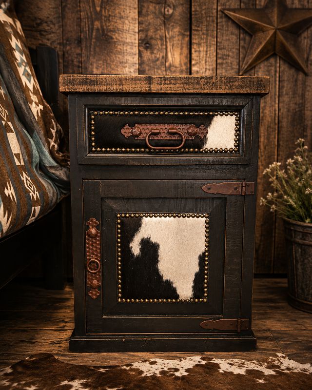 Custom Mansion Black nightstand w/ Black &amp; white cowhide
