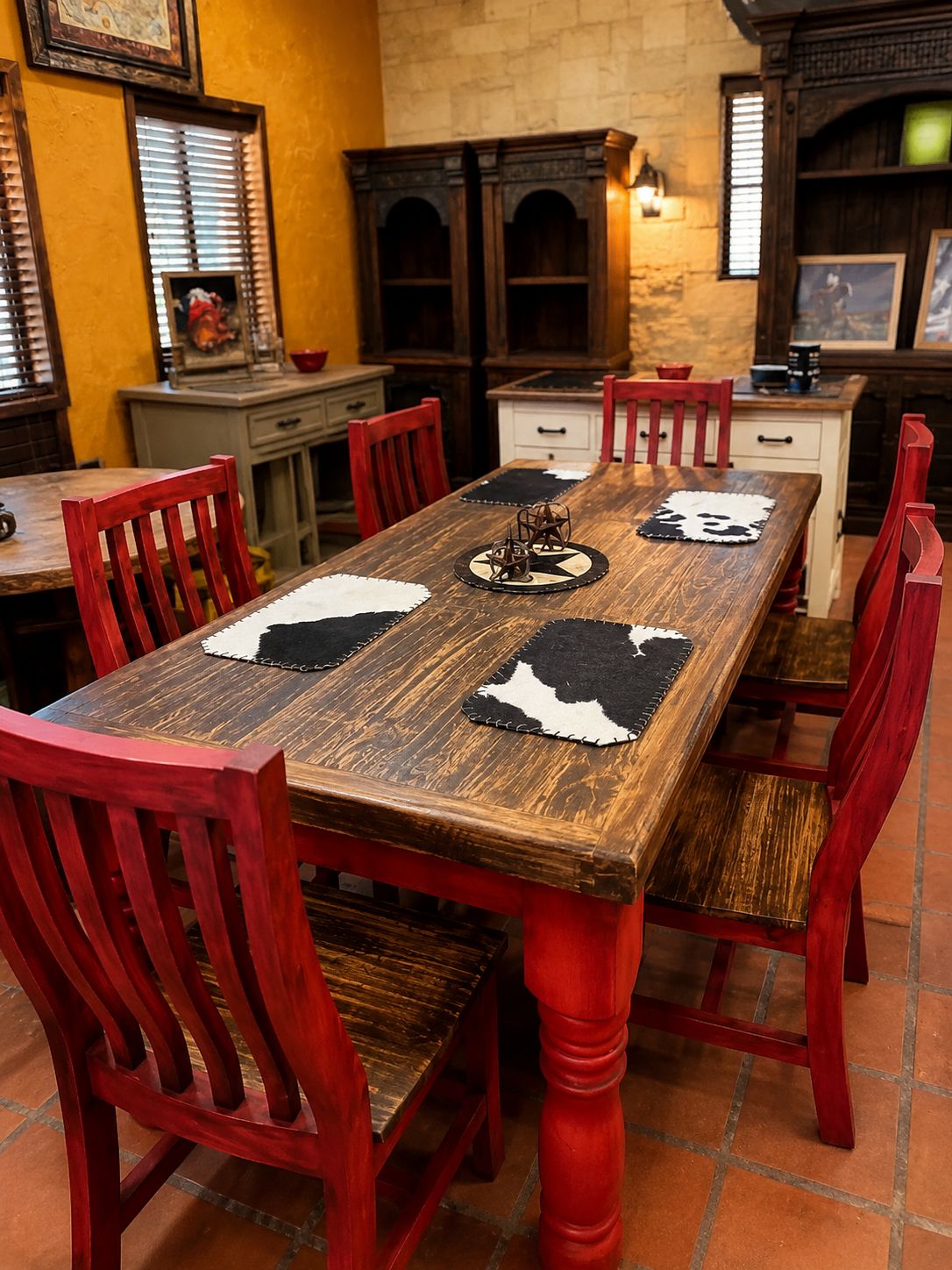 7ft Rustic Red Santa Rita Table w/ 6 chairs, COLOR: RED