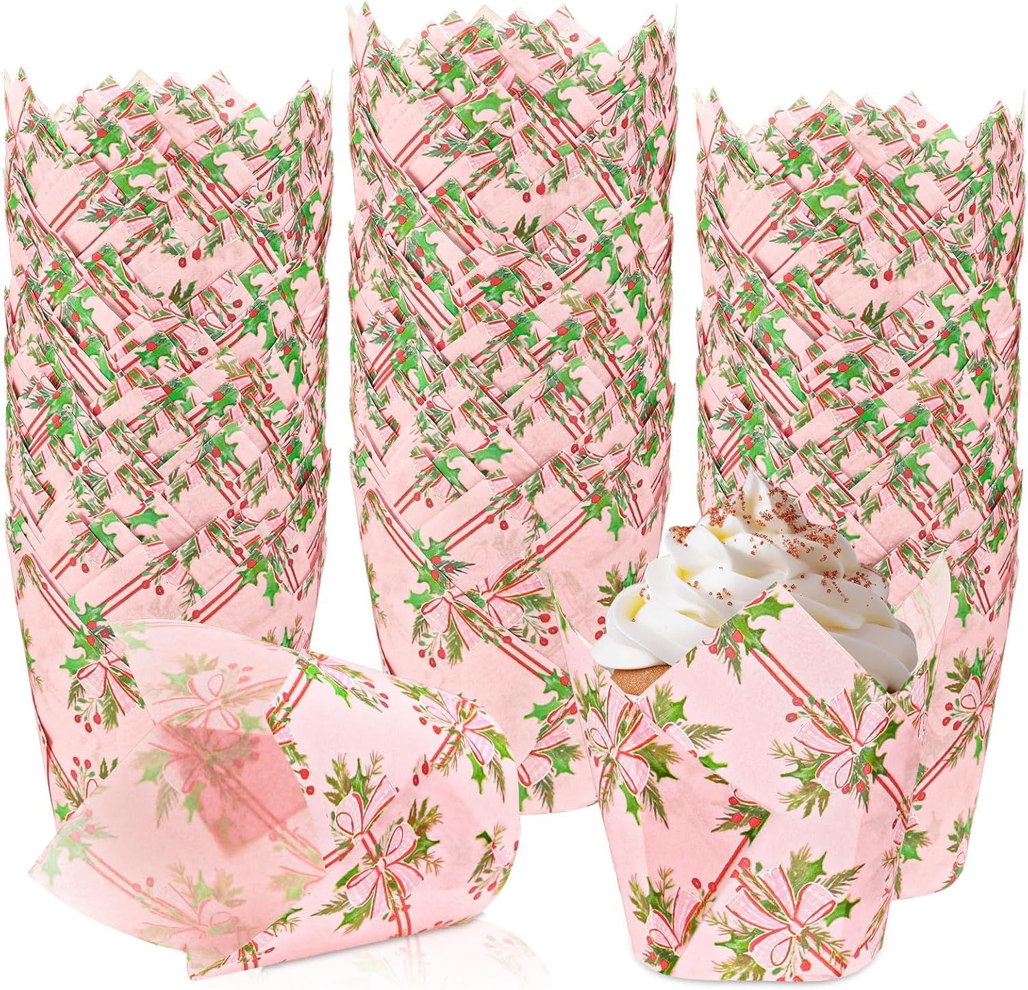 Christmas Tulip Baking Cups (Pink Bow &amp; Berries)  24 ct