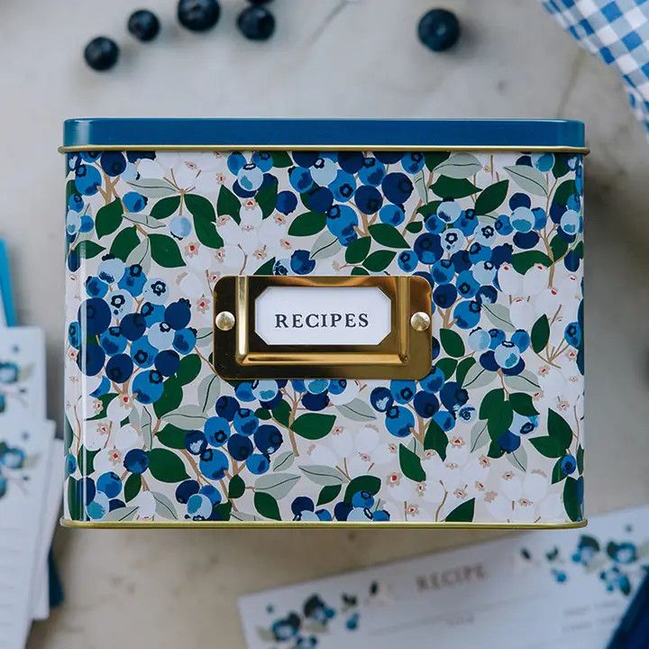 Blueberry Field Tin Recipe Box  (Includes 15 Recipe Cards and 1 pack of coordinating Recipe Divider Tabs)