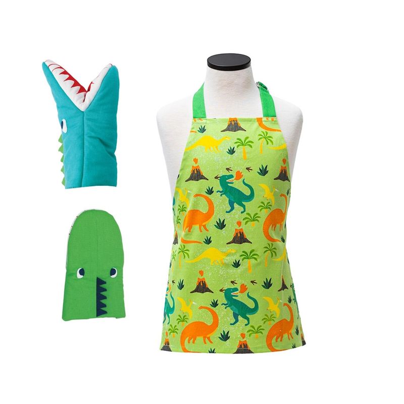 Dinosaur Kids Apron Set with Dino Oven Mitts