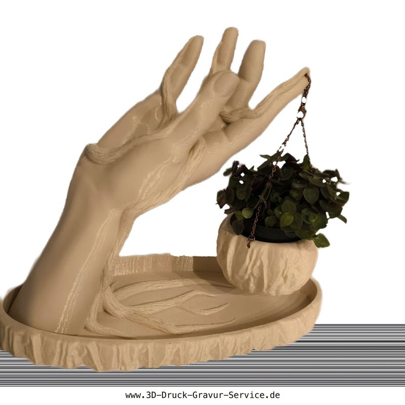 Hand mit hängenden Blumentopf