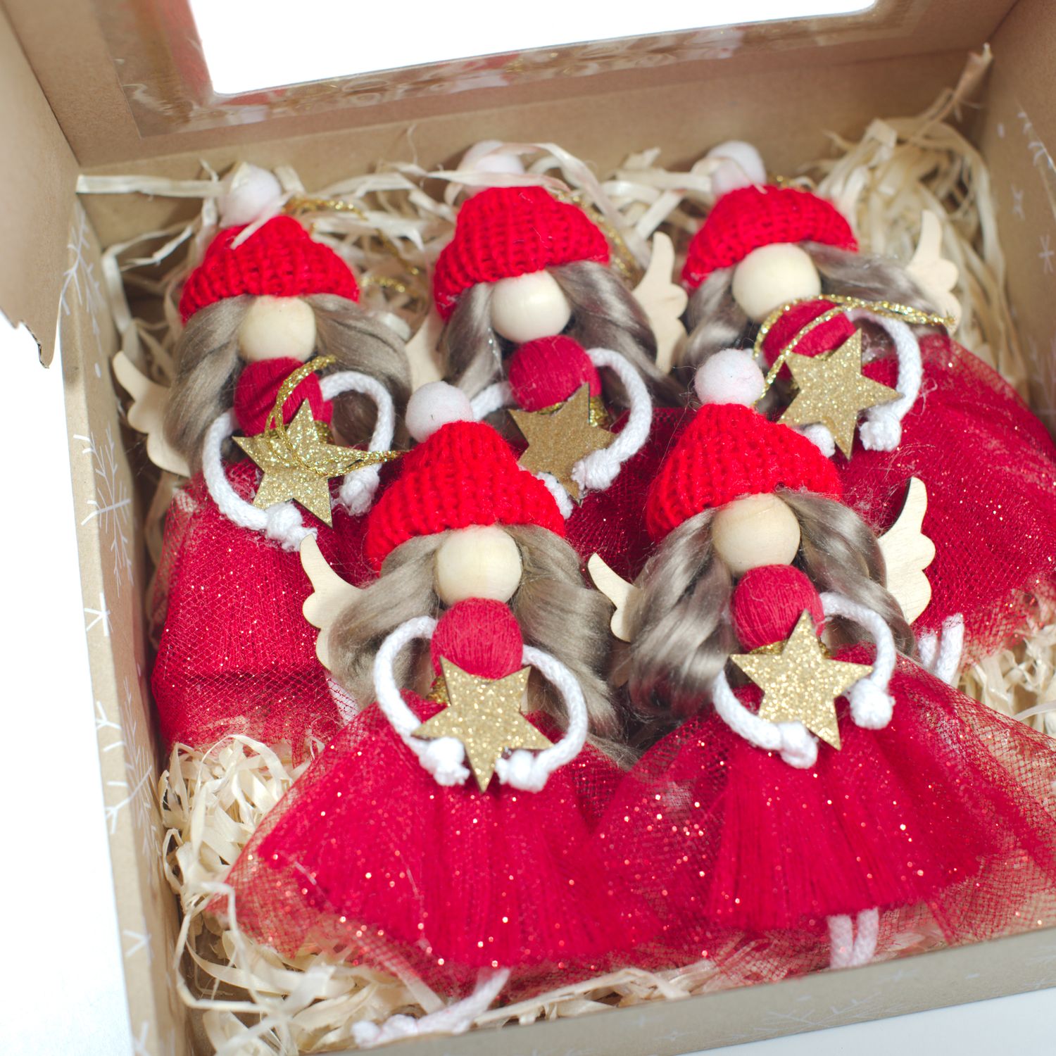 ✨ Zestaw 5 ręcznie robionych aniołków w czerwonych sukieneczkach – ok. 16 cm ✨