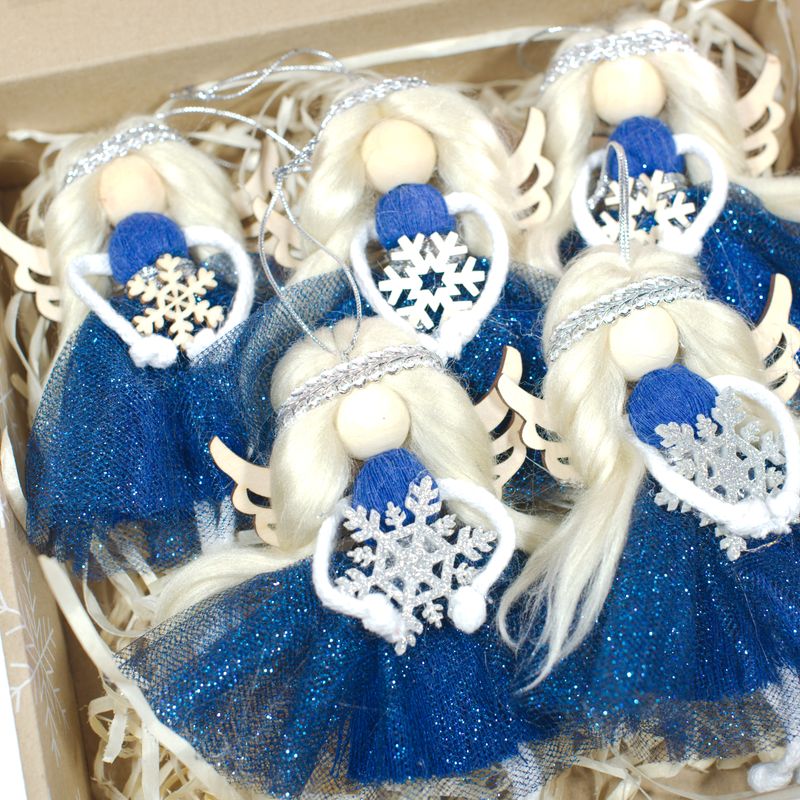 ✨ Zestaw 5 ręcznie robionych aniołków w granatowych sukieneczkach – ok. 16 cm ✨