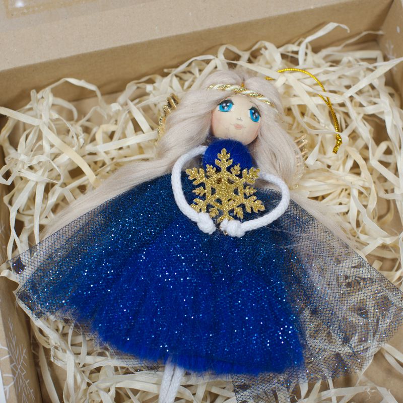 ✨ Ręcznie robiony aniołek – ok. 19 cm • granatowa suknia ze złotymi dodatkami ✨