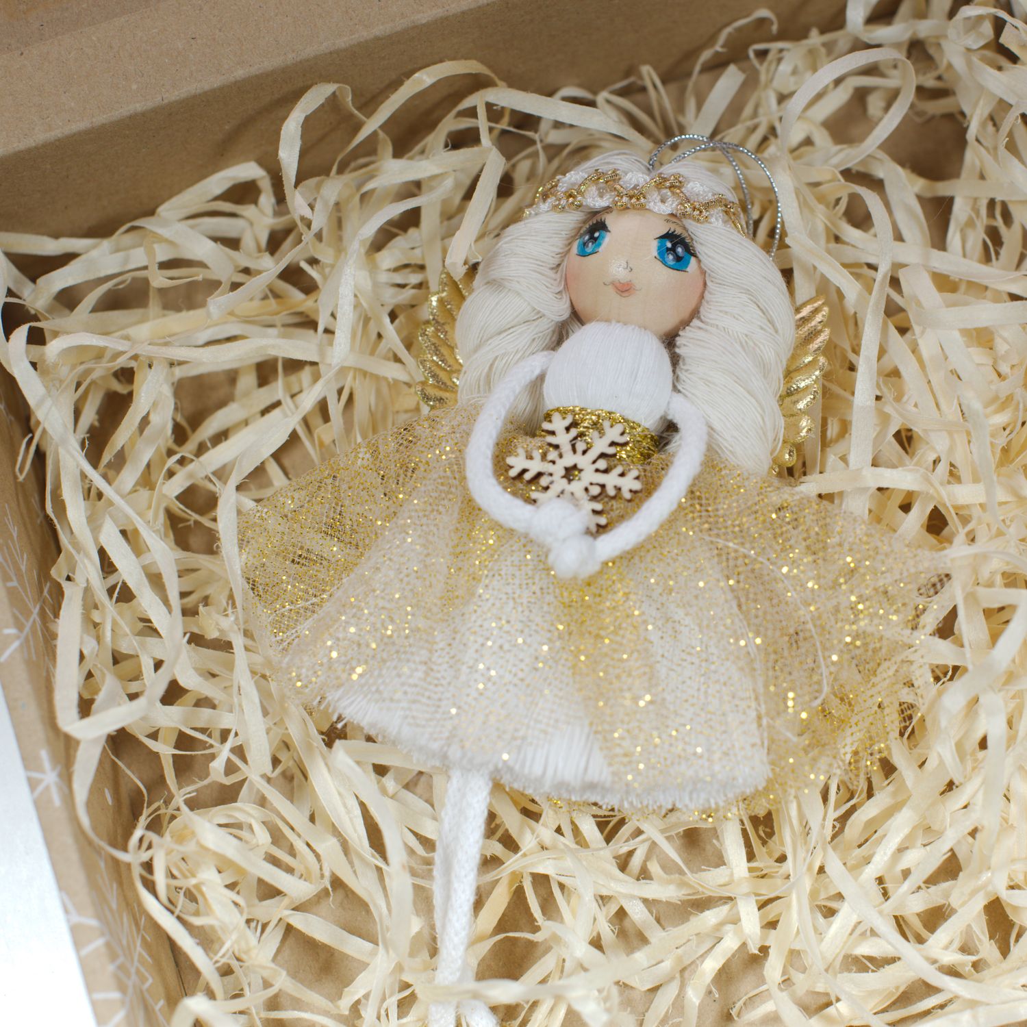 ✨ Ręcznie robiony aniołek – ok. 19 cm • biała suknia ze złotymi dodatkami ✨