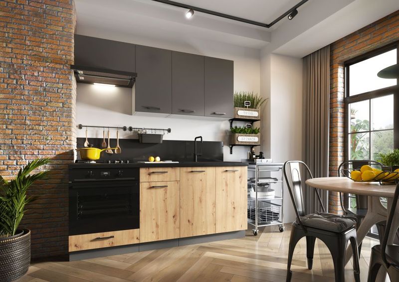 Küchenmöbel-Set LUMA Graphit / Eiche Artisan II – 1,2 m / 1,8 m mit Backofenschrank DK60, ohne Arbeitsplatte