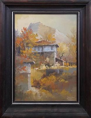 Картина масло върху платно с рамка-Ивайло Стойчев Картина масло върху платно с рамка-Ивайло Стойчев"Пейзаж от Мелник"