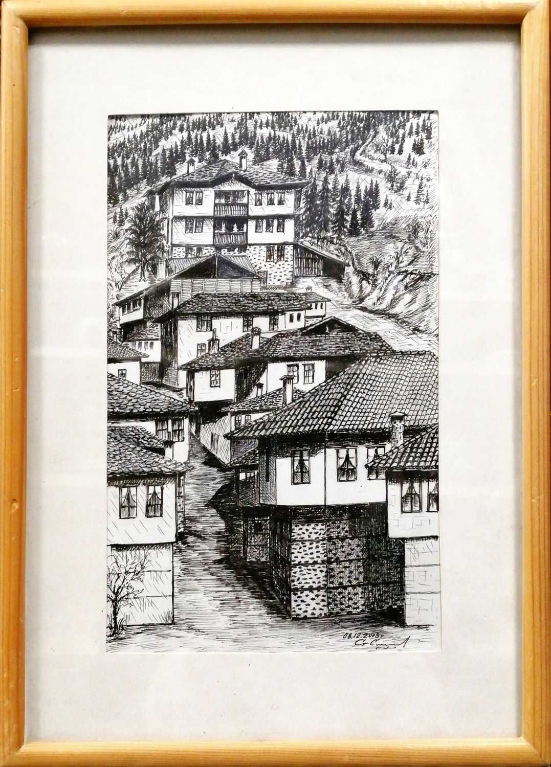 Картина върху картон с рамка, графика " Широка лъка" 2003г