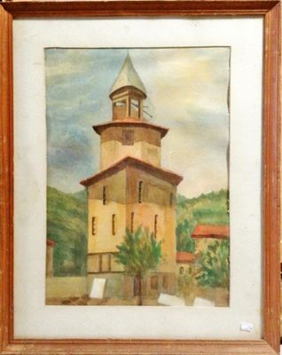 Картина върху картон с рамка, акварел. Дряново  Картина върху картон с рамка, акварел. Дряново "Стария часовник"