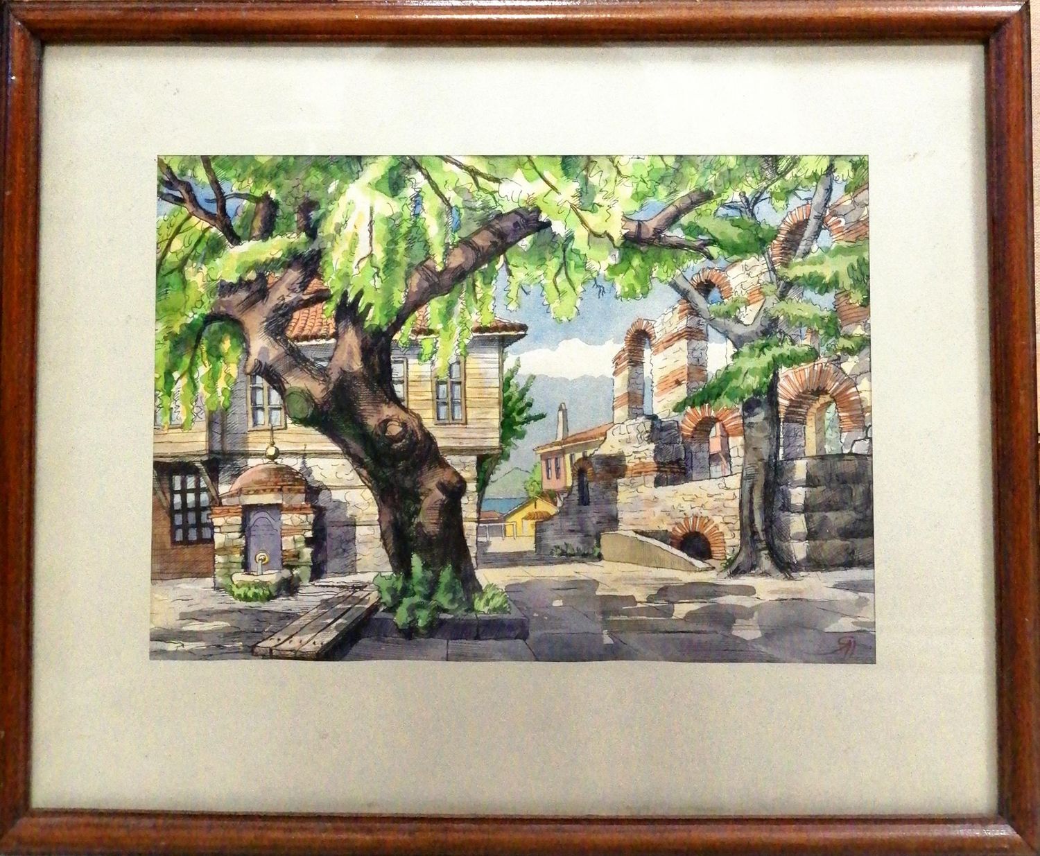 Картина върху картон с рамка, акварел Картина върху картон с рамка, акварел