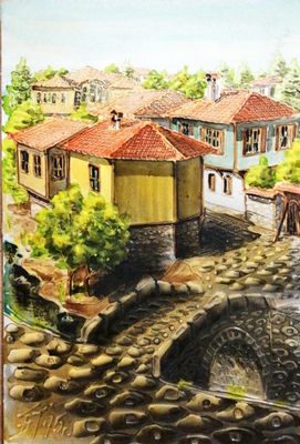 Картина върху картон смесена техника, Копривщица - Б. Михайлов Картина върху картон смесена техника, Копривщица - Б. Михайлов