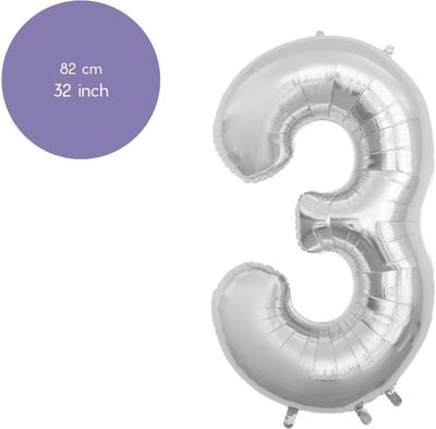 Fienosa Cijfer Ballonnen - Nummer 3 - Zilver Kleur - 82 cm - XL Groot - Helium Ballon - Verjaardag Ballon - Verjaardag versiering - Leeftijd verjaardag - Verjaardagsballon - Verjaardag