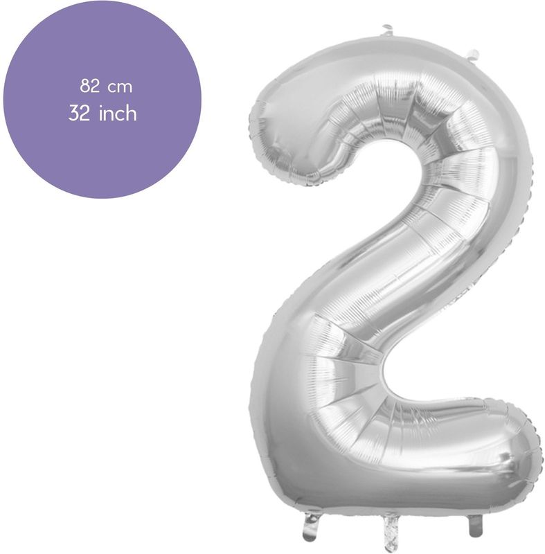 Fienosa Cijfer Ballonnen - Nummer 2 - Zilver Kleur - 82 cm - XL Groot - Helium Ballon - Verjaardag Ballon - Verjaardag versiering - Leeftijd verjaardag - Verjaardagsballon - Verjaardag